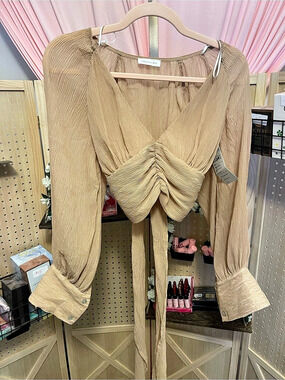 Endless Blu Ruched Tie-Front Blouse in Tan NWT